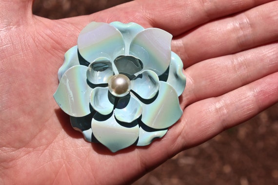 Iridescent Blue Faux Pearl Centered Enamel Floral… - image 3