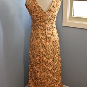 Metallic Gold and Orange Silk Eyelet Style Sleevless Wiggle Dress, Circa 1960s-70s, Orange and Gold Wiggle Dress, 70s Era Wiggle Dress image 4