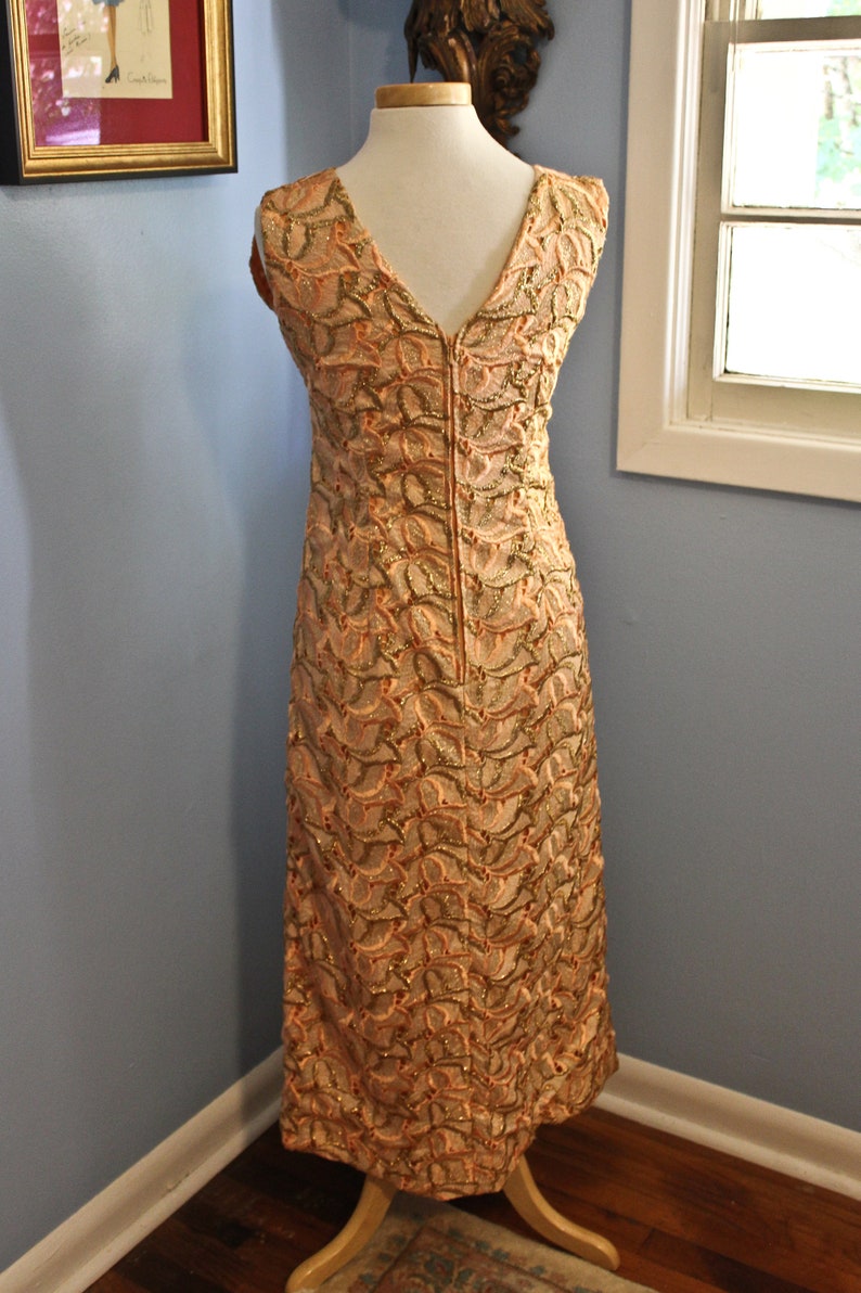 Metallic Gold and Orange Silk Eyelet Style Sleevless Wiggle Dress, Circa 1960s-70s, Orange and Gold Wiggle Dress, 70s Era Wiggle Dress image 4