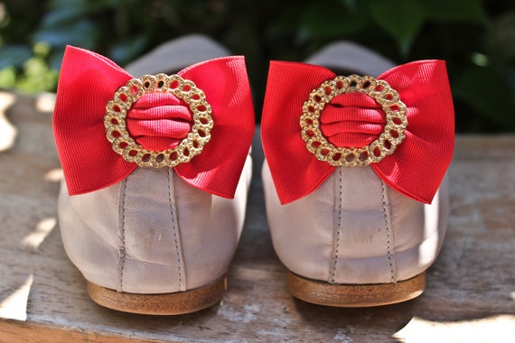 Vintage Bright Red and Gold Bow Shaped Shoe Clips… - image 5