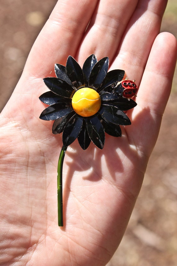 Weiss Black and Yellow Enamel Pin with Lady Bug a… - image 2