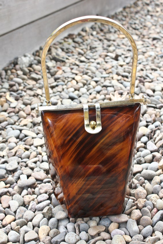 Vintage Lucite and Brass Tall Tortoise Shell Style
