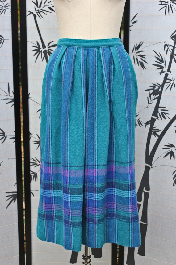 Wool Turquoise Purple and Blue Plaid Midi Skirt, C