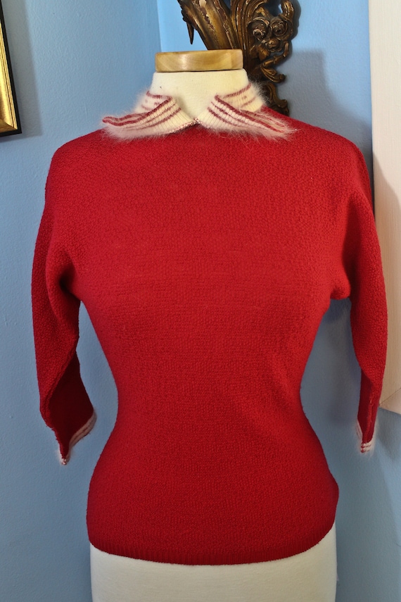 Vintage Bright Red and White knit Sweater, Circa 1