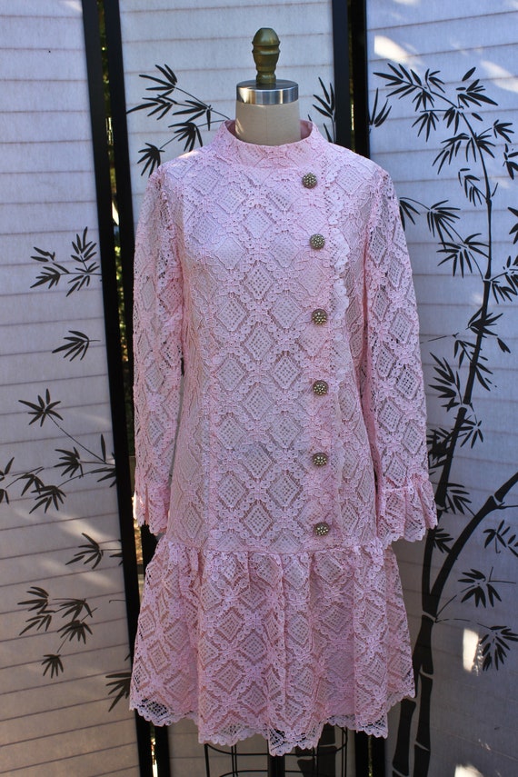 1970s Pink Lace Drop Waist Dress - Rhinestone Lucite Buttons