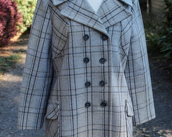 Wool Gray Black and Brown Plaid Wool Double Breasted Coat, Circa 1970s, Seventies Era Gray Plaid Wool Peacoat
