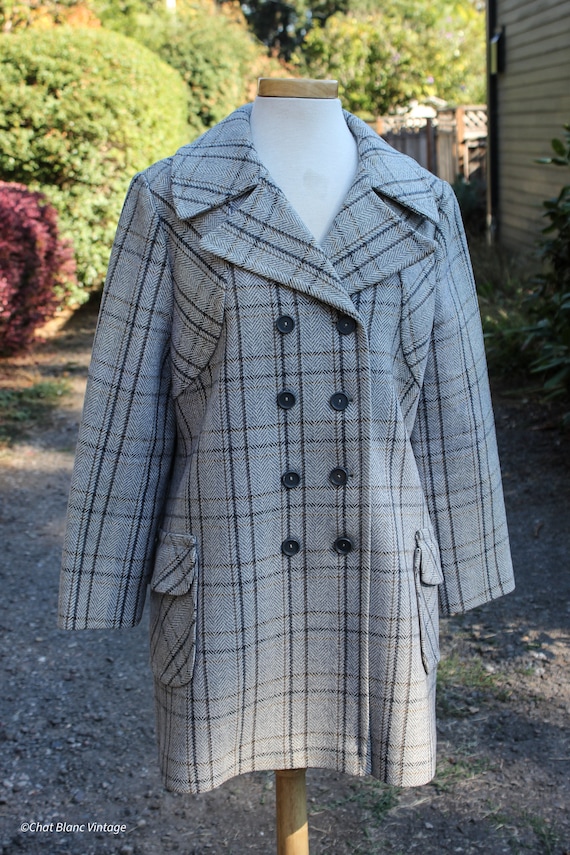 Wool Gray Black and Brown Plaid Wool Double Breast
