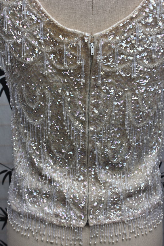 Cream Colored Iridescent Sequin and Beaded Wool T… - image 7