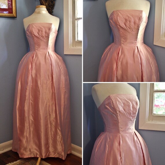 Pink Satin Sleeveless Sixties Era Formal Gown, Cir
