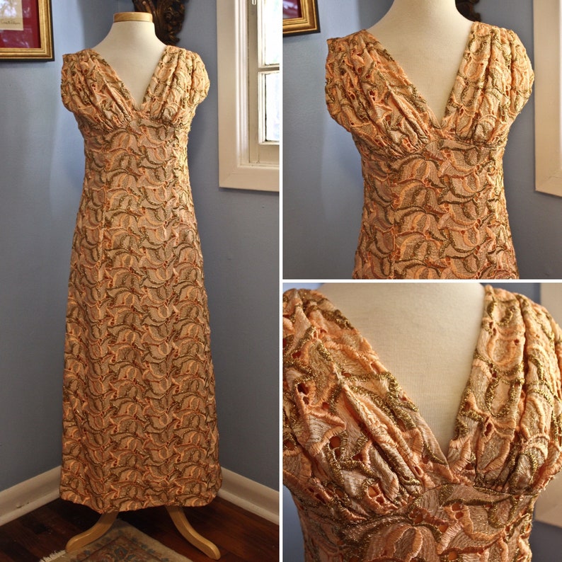 Metallic Gold and Orange Silk Eyelet Style Sleevless Wiggle Dress, Circa 1960s-70s, Orange and Gold Wiggle Dress, 70s Era Wiggle Dress image 1