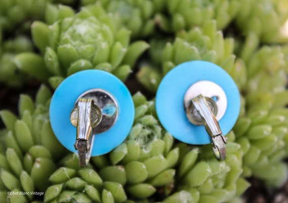 Blue Plastic Disk Clip On Earrings, Circa 1960s, … - image 2