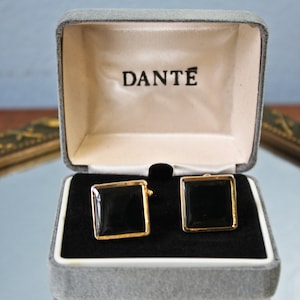 Dante Black Onyx Style Stone and Gold Tone Metal Square Cuff Links, Circa 1990s, Ninties Era Gold and Black Square Face Cuff Links