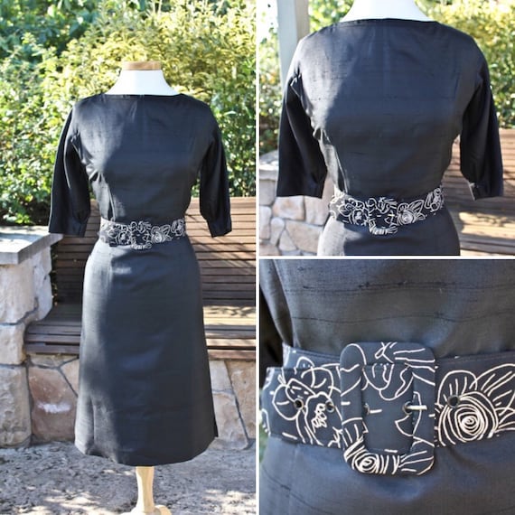 Sixties Era Black Raw Silk Belted Fanya Dress, c1… - image 1