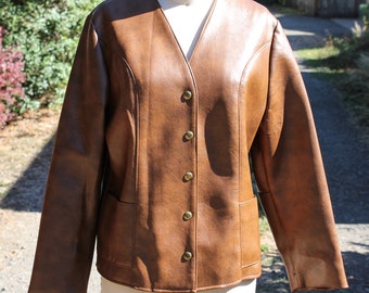 Medium Brown Brassy Snap Button Leather Jacket, Circa 1970s, Seventies Era Brown Ladies Leather Jacket