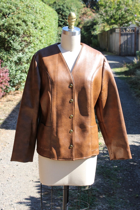 Medium Brown Brassy Snap Button Leather Jacket, Ci