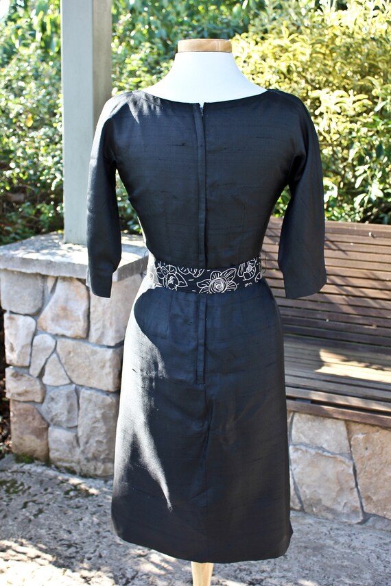 Sixties Era Black Raw Silk Belted Fanya Dress, c1… - image 4