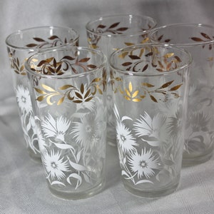 Vintage Mid Century Hazel Atlas Juice Glasses with White and Gold Floral and Fauna Designs, Circa 1950s, Fifties Hazel Atlas Glass Set