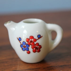 Dollhouse Tea Pot with Red and Blue Flowers, Circa 1950s, Vintage Dollhouse Decor, Little Tiny Doll China Teapot