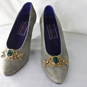 Gray Suede Phyllis Poland Heels, c1980s, Forties Style Gray Heels with Gold and Emerald Details, Forties Style Heels, Retro &#39;80s Pumps
