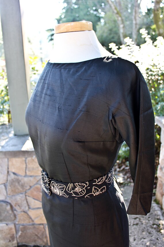 Sixties Era Black Raw Silk Belted Fanya Dress, c1… - image 5