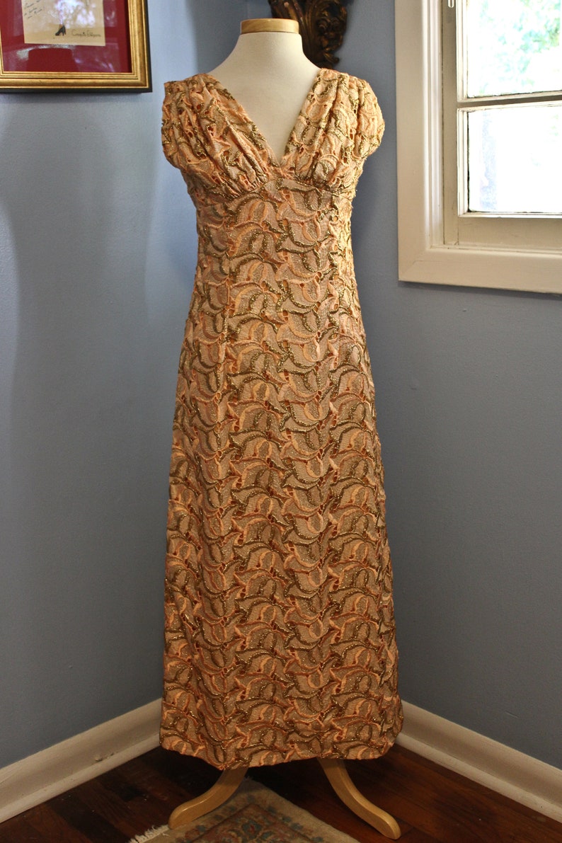 Metallic Gold and Orange Silk Eyelet Style Sleevless Wiggle Dress, Circa 1960s-70s, Orange and Gold Wiggle Dress, 70s Era Wiggle Dress image 2