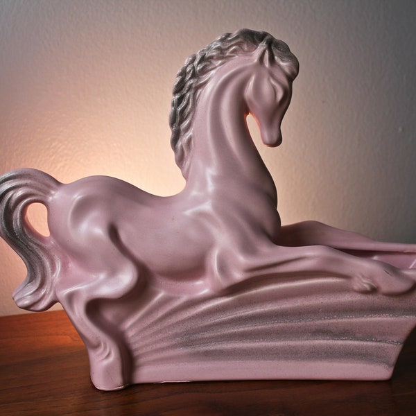 Pink and Gray Detailed Gilner Pottery Horse TV Lamp and Planter, Circa 1950s, Fifties Pink Horse Planter and Lamp, Mid Century Pink Horse