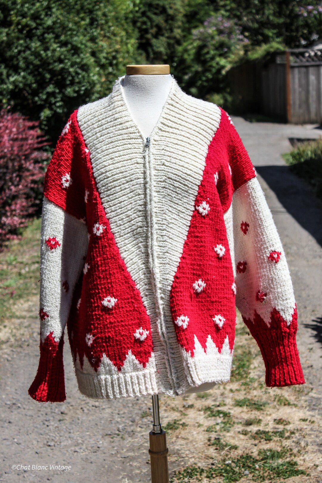 Red and White Zippered Cardigan Christmas Sweater, Circa 1990s - Main Image