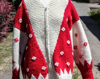 Red and White Zippered Cardigan Christmas Sweater, Circa 1990s, 90s Christmas Cardigan Sweater
