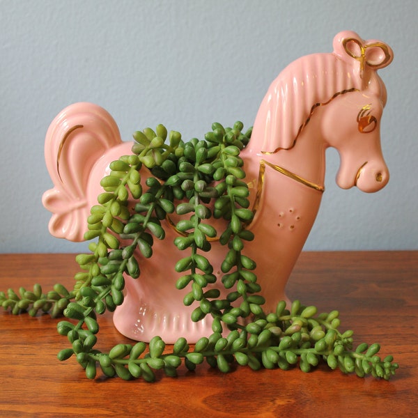 Pink and Metallic Gold Detailed Mid Century Era Horse Planter, Circa 1950s, Fifties Pink Horse Planter