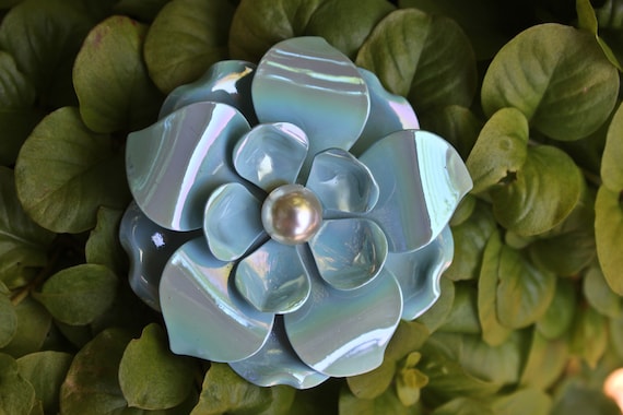 Iridescent Blue Faux Pearl Centered Enamel Floral… - image 1