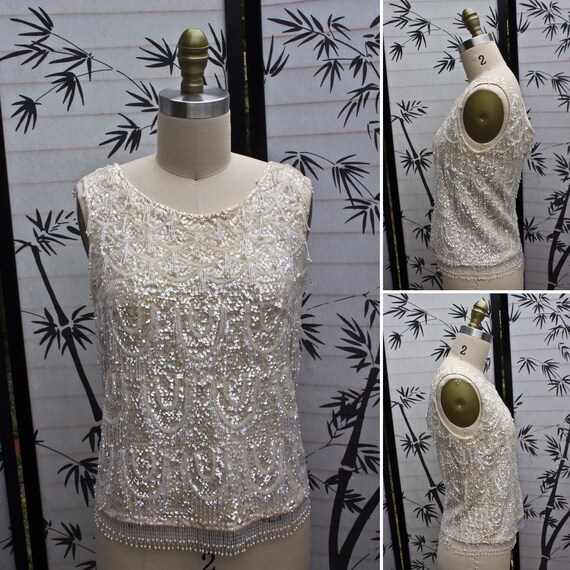 Cream Colored Iridescent Sequin and Beaded Wool T… - image 1