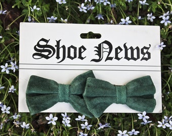 Vintage Shoe News Green Suede Bow Shaped Shoe Clips, Circa 1970s-80s, Green Suede Bow Shoe Clips, Green Bow Shoe Clips, Suede Shoe Clips