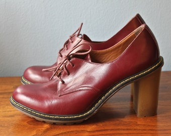 Burgundy Dr Martens Jinelle Oxford Heels, Vintage Style Doc Martens Jinelle Shoes in Burgundy, Plum Colored Doc Martens