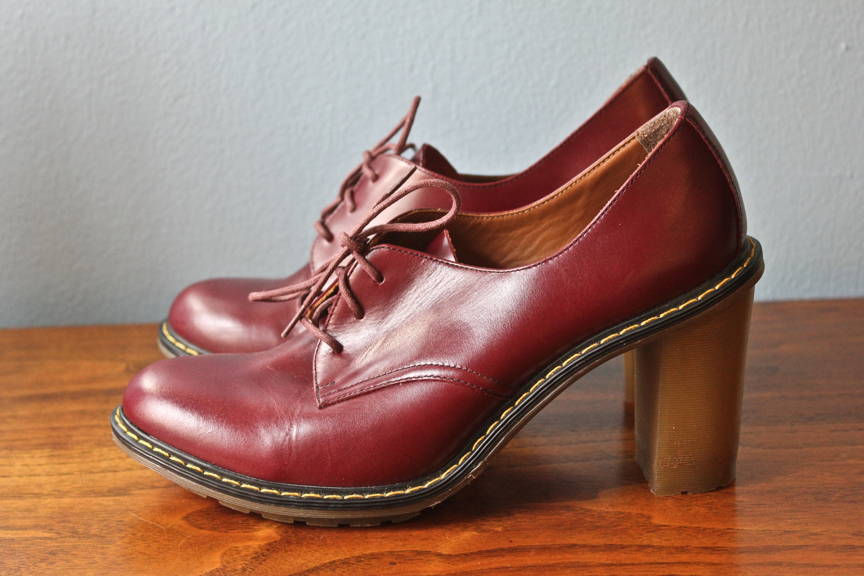 Burgundy Dr Martens Jinelle Oxford Heels, Vintage Style Doc Burgundy Dr Martens Jinelle Oxford Heels, Vintage Style Doc
