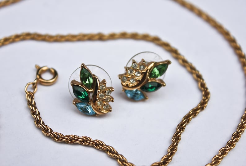 Blue Green and Clear Crystal Jewelry Set Vintage Genuine Crystal Jewelry Set by Roman IOB Vintage Necklace and Earrings