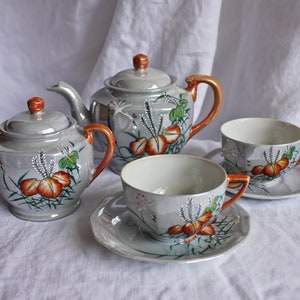 Vintage Hand Painted Six Piece Trico Tea Set, c1940s - 50s, Japanese Porcelain Tea Set, Orange Blossom Lusterware Tea Set