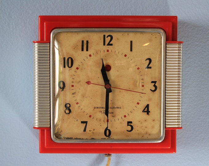 Telechron General Electric Red Kitchen Clock, Circa 1950s, Fifties Era