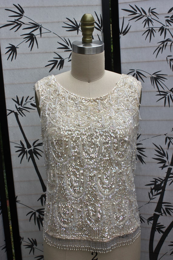 Cream Colored Iridescent Sequin and Beaded Wool T… - image 2