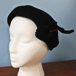 Fifties Era Reisfield's Black Calot Style Hat, Circa 1950s, Fifties Reisfield's Black Hat with Red Jewels, Black 1950s Ladies Evening Hat