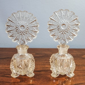 Cut Glass Matching Perfume Bottles, Two Clear Cut Glass Perfume Bottles, 1930s Cut Glass Perfume Bottles