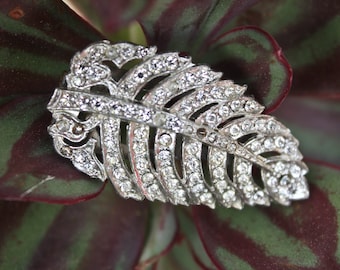 Antique Art Nouveau Rhinestone Leaf Dress Clip, 1920s Rhodium