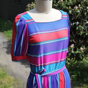 Multi Color Striped Oops California Dress, Circa 1970s-80s, A Line Color Block Dress with Sash