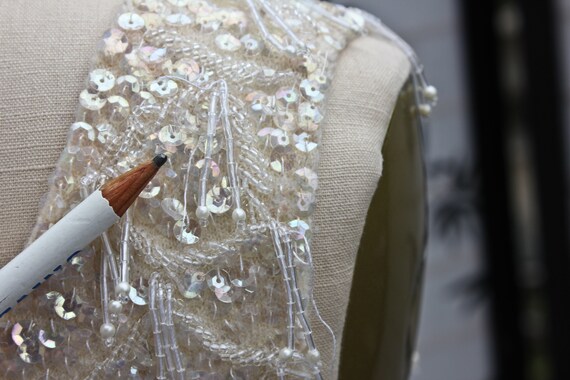 Cream Colored Iridescent Sequin and Beaded Wool T… - image 8