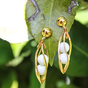 Gold Tone and White Beaded Screw Back Drop Earrings, Circa 1950s-60s, Mid Century Screw Back Drop Earrings