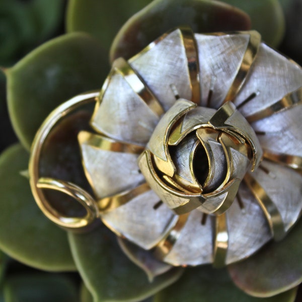 Intricate Brushed Silver Tone Metal and Gold Tone Rose Brooch, Circa 1980s, Eighties Era Rose Brooch in Silver and Gold