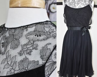 Vintage Black Lace and Pleated Chiffon Neusteters Cocktail Dress, c1950s, Fifties Black Lace and Bow Detailed Dress, Mrs. Maisel Style Dress