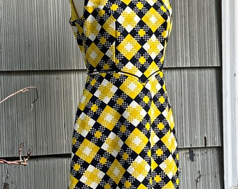 Black White and Yellow Diamond Patterned Wool Dress, Circa 1960s