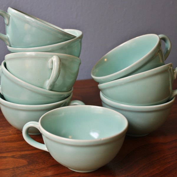 Thirties Era Aqua Colored Set of Nine or Single Tea Cups by Ultra California Vernon Kilns, Circa 1930s, Robins Egg Blue Tea Cups