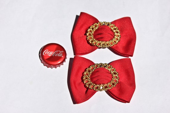 Vintage Bright Red and Gold Bow Shaped Shoe Clips… - image 4