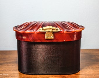 Vintage Brown Satin and Tortoiseshell Lucite Box Purse, Circa 1940s-50s, Lucite and Satin Box Purse with Brass Clasp